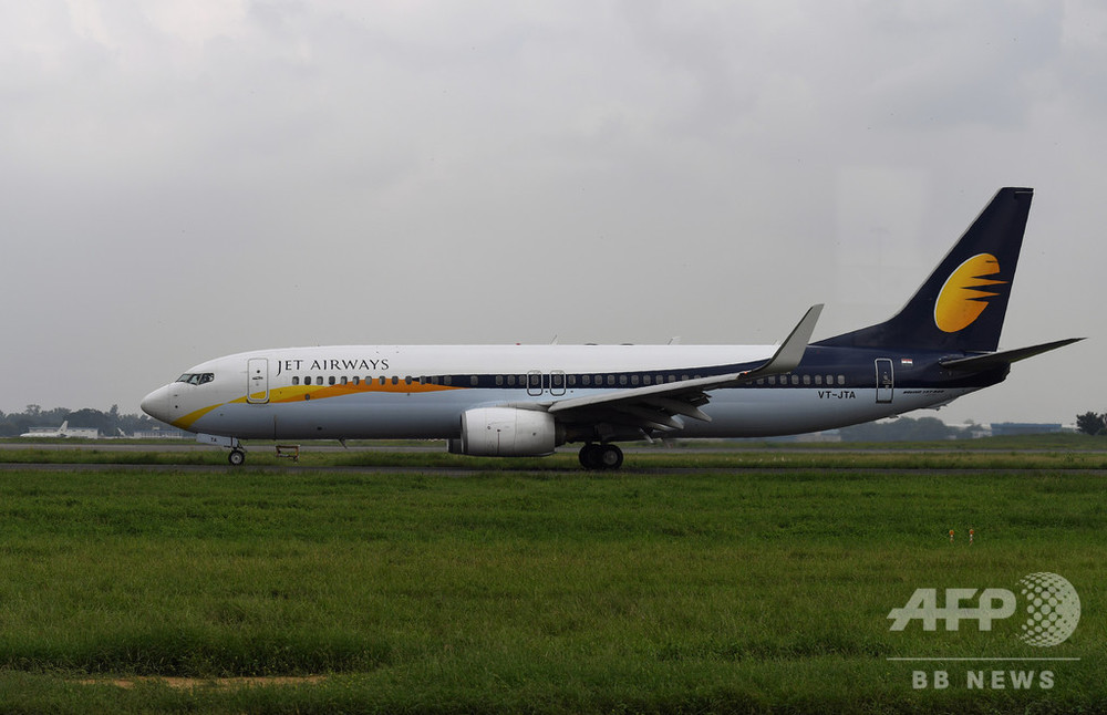 ジェットエアウェイズの旅客機。インド・ニューデリーのインディラ・ガンジー空港で(2018年9月10日撮影、資料写真)。(c)AFP PHOTO / Sajjad HUSSAIN