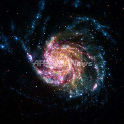 赤や青の光が渦巻く「回転花火銀河」、NASA合成画像 赤や青の光が渦巻く「回転花火銀河」、NASA合成画像