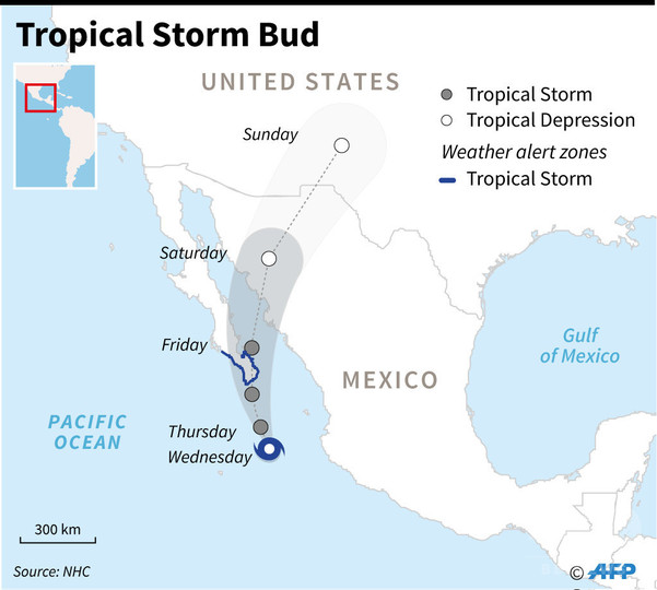 熱帯低気圧「バド」がメキシコに接近、「オレンジ警報」発令 熱帯低気圧「バド」がメキシコに接近、「オレンジ警報」発令