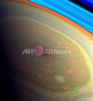 バラのような土星のハリケーン、NASA着色画像