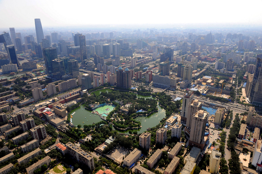 北京市内の航空写真、五輪会場や市内一の高層ビル