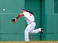 ニューヨーク・ヤンキース戦でランニングキャッチを試みるボストン・レッドソックスのマニー・ラミレス（%%Manny Ramirez%%）。(c)AFP/Getty Images/Jim Rogash