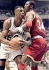 David Robinson (L) of the San Antonio Spurs gets fouled by Hakeem Olajuwon of the Houston Rockets 30 May during the first half of their Western Conference finals game at the Alamodome in San Antonio, Texas. (c)AFP/