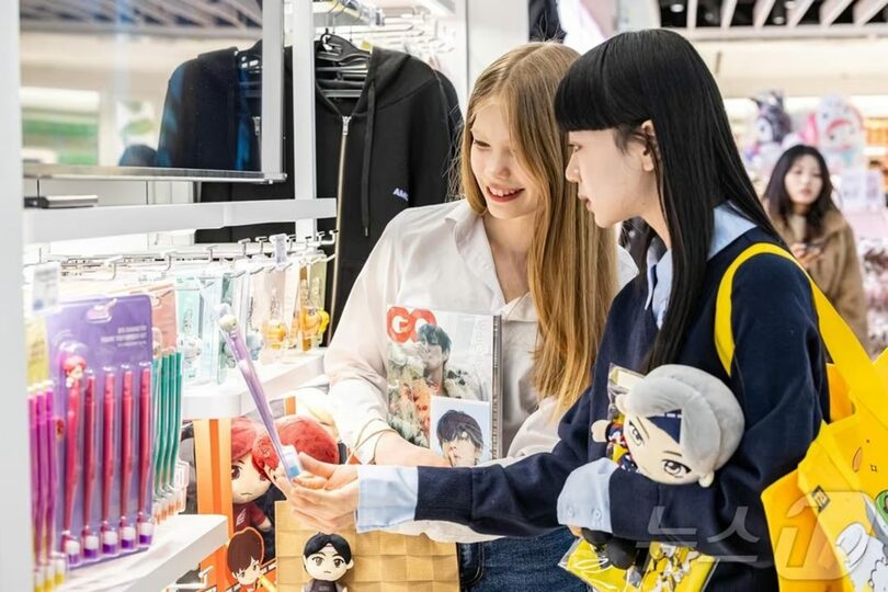 新世界免税店明洞店の「K-WAVEゾーン」でBTSグッズを見る外国人モデルら(c)news1