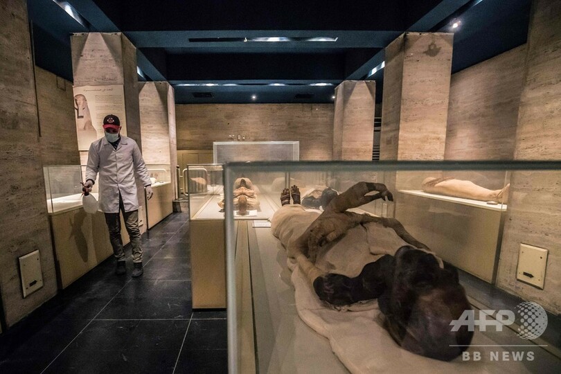 ミイラのそばで消毒作業、エジプト考古学博物館