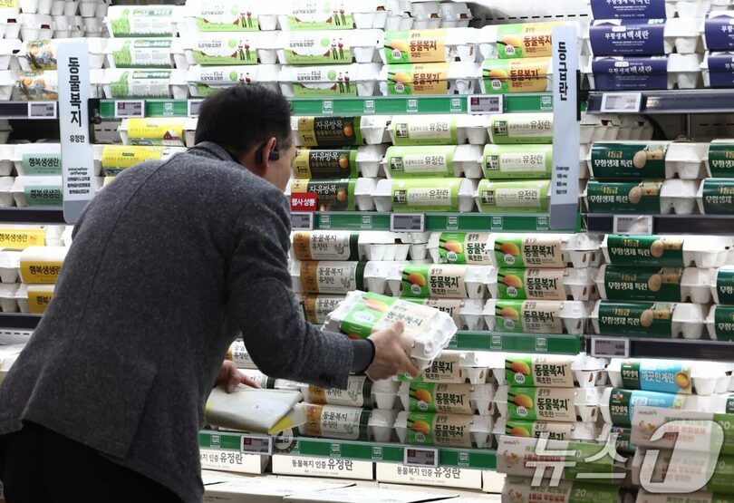 卵の価格上昇が続く中、ソウルの大型スーパーで卵を選ぶ買い物客 (c)news1