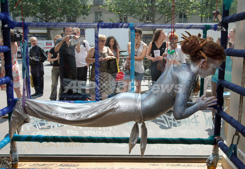 体に釣り針刺してサメ保護訴える、パリ