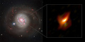 欧州南天天文台（ESO）が公開した、活動銀河「メシエ77（M77）」の資料画像。左は、ESOの超大型望遠鏡VLTが捉えたM77の全体像。右枠内は、VLT干渉計の中赤外線分光装置MATISSEで観測したM77中心部にある活動銀河核（AGN）の拡大画像（2022年2月16日公開）。(c)AFP PHOTO/EUROPEAN SOUTHERN OBSERVATORY /Violeta Gamez Rosas, Walter Jaffe et al.