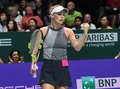 女子テニス、WTAツアー選手権最終日。ガッツポーズを見せるキャロライン・ウォズニアッキ（2017年10月29日撮影）。(c)AFP/Roslan RAHMAN