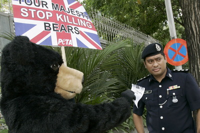 国際動物愛護団体PETA、クマの着ぐるみで英国に抗議　マレーシア