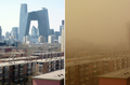 中国・北京（Beijing）で、晴れた市街地の様子（3月17日撮影）と、黄砂で視界が失われた同じ場所の様子（同22日撮影）。(c)AFP/GOH CHAI HIN