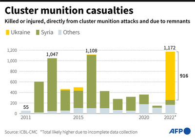 昨年のクラスター弾死傷者、ウクライナだけで916人 
