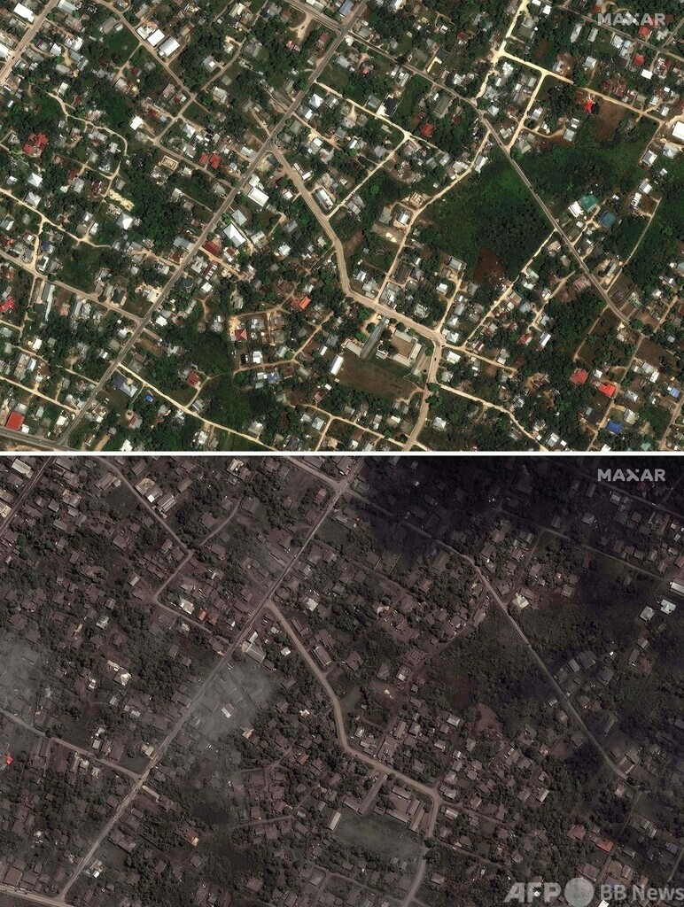 トンガ噴火前後の衛星写真