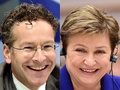欧州連合（EU）が国際通貨基金（IMF）の次期専務理事候補に選出したクリスタリナ・ゲオルギエバ世界銀行最高経営責任者（CEO、右、2016年11月30日撮影）と、候補選出を争ったイェルン・デイセルブルム（Jeroen Dijsselbloem）前オランダ財務相（2017年9月25日撮影）のコンボ写真（2019年8月2日作成）。(c)Jewel SAMAD / AFP