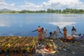 インド南部カルナタカ州のカーベリ河岸で、儀式を執り行うヒンズー教の僧侶（2021年6月2日撮影）。(c)Manjunath Kiran / AFP