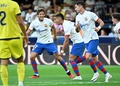 23-24スペイン1部リーグ第3節、ビジャレアル対FCバルセロナ。チーム3点目のゴールを決めて喜ぶFCバルセロナのフェラン・トーレス（中央、2023年8月27日撮影）。(c)JAVIER SORIANO/ AFP