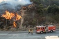 米カリフォルニア州ニューホールで、サドルリッジ森林火災の消火活動にあたる消防隊員（2019年10月11日撮影）。(c)Josh Edelson / AFP