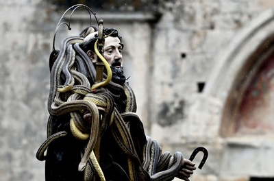 生きたヘビ巻いた像担いで練り歩く 伊