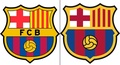 FCバルセロナの現在のクラブエンブレム（左）と新しいエンブレム（2018年9月27日提供）。(c)BARCELONA FC PRESS OFFICE / AFP