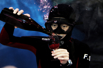 ボジョレー解禁、水槽内で乾杯