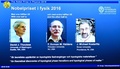 スウェーデン・ストックホルムのスウェーデン王立科学アカデミーで、会場のスクリーンに映し出された2016年のノーベル物理学賞受賞者の写真（2016年10月4日撮影）。(c)AFP/JONATHAN NACKSTRAND

