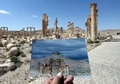 パルミラの凱旋門の写真（2014年3月撮影）とその跡地。凱旋門は2015年9月に「イスラム国」に破壊された（2016年3月31日撮影）。(c)AFP/JOSEPH EID