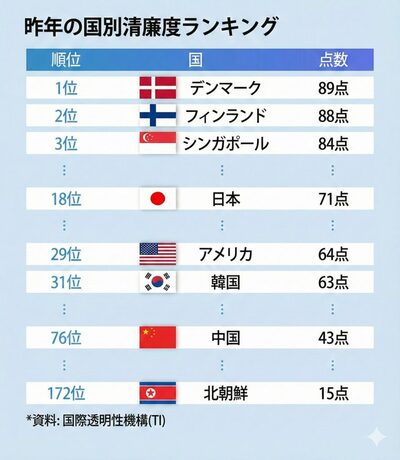 韓国の国家清廉度ランキング31位…北朝鮮や米中との比較で見える差