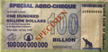 新聞で公開された、1000億ジンバブエ・ドル札の見本（2008年7月21日撮影）。(c)AFP/Desmond Kwande
