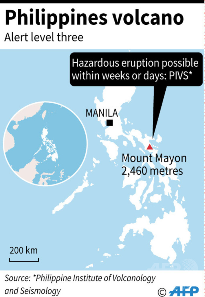 フィリピン・マヨン山の警戒レベルを引き上げ、数日内に噴火も