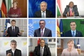世界保健機関（WHO）年次総会に出席したアントニオ・グテレス国連事務総長（上段中央）や各国の首脳ら。WHOが公開した映像より（2021年5月24日撮影）。(c)AFP PHOTO / WHO 