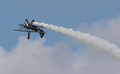米ウィスコンシン（Wisconsin）州オシュコシュ（Oshkosh）で28日、エクスペリメンタル航空機協会（Experimental Aircraft Association）が主催する毎年恒例の航空ショーが開催された。写真は、翼の上に人を立たせて背面飛行するパフォーマンスを見せる飛行機（2009年7月28日撮影）。(c)AFP/Getty Images/Jonathan Daniel
