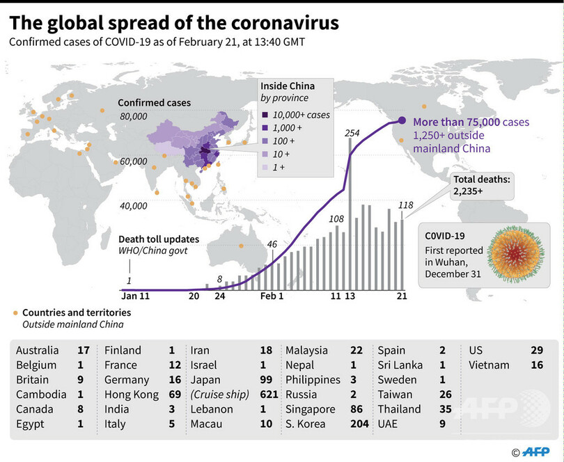 新型コロナウイルス、感染者が確認された国と地域（21日22時40分現在）