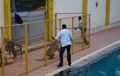 インド南部バンガロールの学校に侵入したヒョウから逃げる自然保護の専門家（2016年2月7日撮影）。(c)AFP
