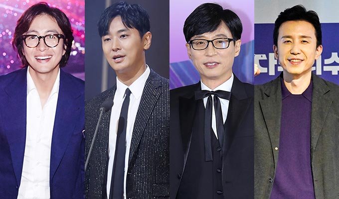 （左から）ペ・ヨンジュン、チュ・ジフン、ユ・ジェソク、ユ・ヒヨル/写真＝SMエンターテインメント、MONEY TODAY、百想芸術大賞事務局、JTBC