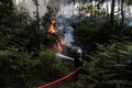 フランス南西部で起きた山火事で消火活動に当たる消防隊員（2022年6月13日撮影）。(c)Thibaud MORITZ / AFP