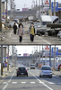 東日本大震災の被災地の震災直後の様子と、2012年1月の様子。

写真上は岩手県大船渡市で津波被害を受けた街路（2011年3月14日撮影）。写真下は現在の様子（2012年1月15日撮影）。(c)AFP/TOSHIFUMI KITAMURA /TORU YAMANAKA