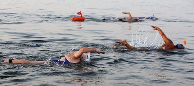 死海を泳いで横断、水位低下による消滅危機を啓蒙