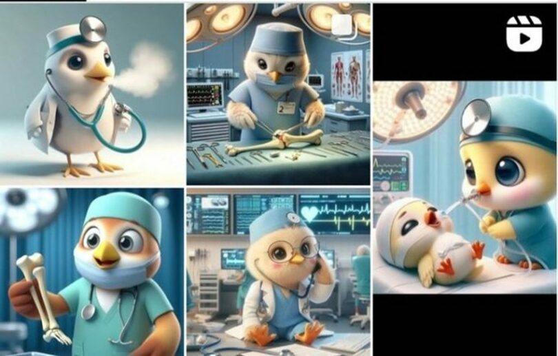 SNSには、鳥が白いガウンや手術服を着て診療、手術などをするイメージが多数アップされている(c)NEWSIS