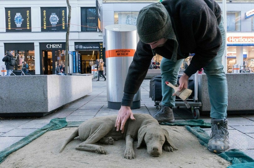 スヤスヤお昼寝、砂でできたワンちゃん オーストリア