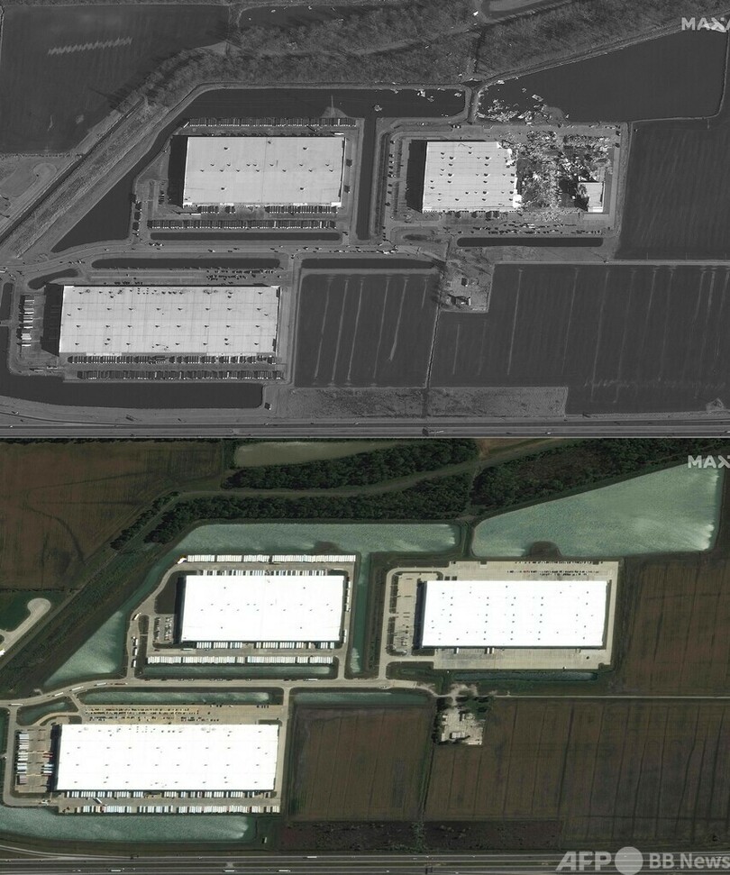 米竜巻、被災前後の衛星写真