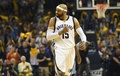14-15NBAプレーオフ1回戦（7回戦制）、メンフィス・グリズリーズ対ポートランド・トレイルブレイザーズ。得点を記録し喜ぶメンフィス・グリズリーズのビンス・カーター（2015年4月22日撮影）。(c)AFP/Getty Images/Frederick Breedon