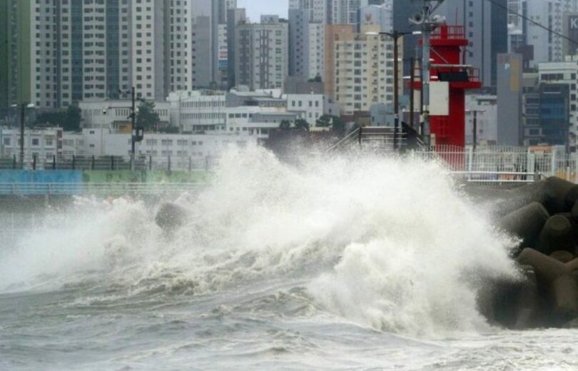 昨年8月、釜山水営区民楽水辺公園前の防波堤に激しい波が吹き荒れた姿(c)NEWSIS