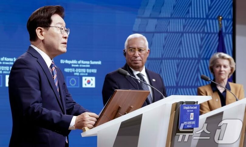 イ・ジェミョン（李在明）大統領とコスタEU首脳会議常任議長、フォンデアライエン欧州委員長(c)news1
