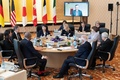 東京で開催された先進7か国（G7）の外相会合にオンラインで参加したウクライナのドミトロ・クレバ外相（2023年11月8日撮影）。(c)Tomohiro Ohsumi / POOL / AFP