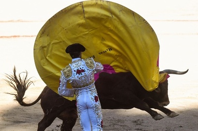 【今日の1枚】華麗なマントさばき、牛追い祭りで闘牛 スペイン