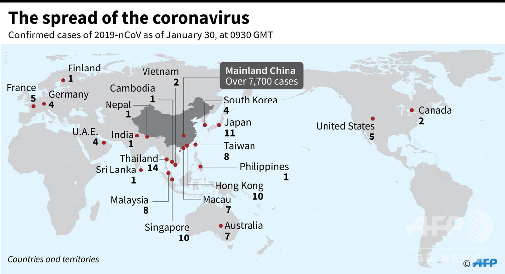 新型コロナウイルス 感染者が確認された国と地域 30日18時30分現在 写真8枚 国際ニュース Afpbb News