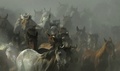 スペイン・アンダルシア地方アルモンテで行われた野生馬の追い込み行事「サカ・デ・ラス・イエグアス」で、巡礼地ロシオを走り抜ける馬たち（2015年6月26日撮影）。(c)AFP/CRISTINA QUICLER

