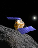 宇宙航空研究開発機構（Japan Aerospace Exploration Agency、JAXA）が公開した、小惑星探査機「はやぶさ（Hayabusa）」が小惑星「イトカワ（ITOKAWA）」の地表にサンプル採取器具を発射する様子を描いたイメージ図（2010年6月13日入手）。(c)AFP/JAXA