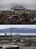 東日本大震災の被災地の震災直後の様子と、2012年1月の様子。

写真上は岩手県大槌町で津波に流されて2階建ての建物の上に乗り上げた遊覧船（2011年4月16日撮影）。写真下は現在の様子（2012年1月16日撮影）。(c)AFP/YASUYOSHI CHIBA/TORU YAMANAKA