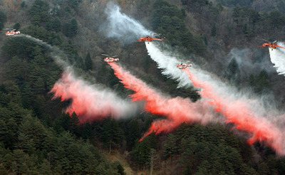 韓国で山林火災の消火訓練、ヘリも出動